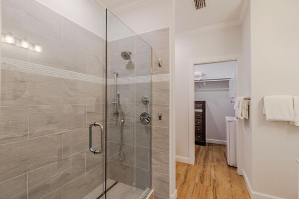 Bathroom, Glass Shower, Interior, Wood Texture Flooring