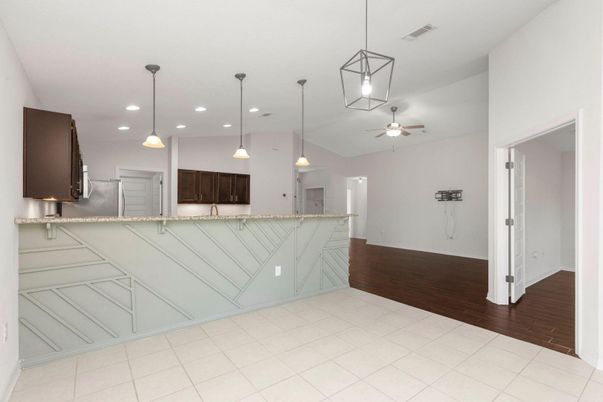 Interior, Kitchen, Pendant Lights, Recessed Lighting, Wood Texture Flooring