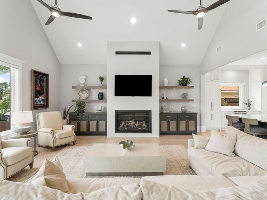 Dining room, Fireplace, Interior, Living room, Recessed Lighting, Wood Texture Flooring