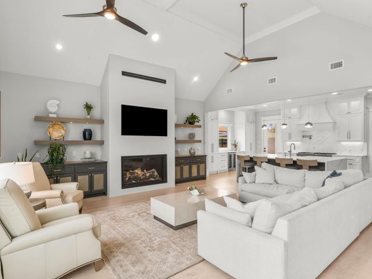 Fireplace, Interior, Kitchen, Living room, Marble Walls, Pendant Lights, Recessed Lighting, Wood Texture Flooring
