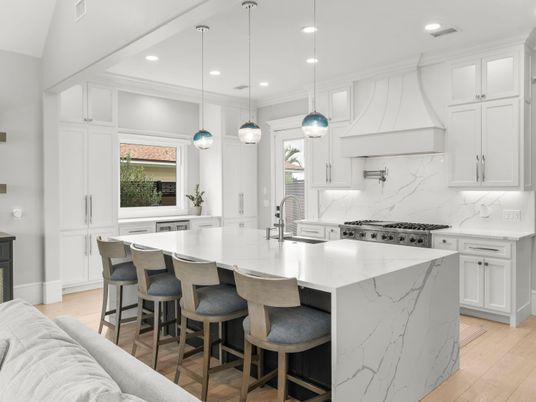 Interior, Kitchen, Marble Walls, Pendant Lights, Recessed Lighting, Stainless Steel Appliances, Wood Texture Flooring