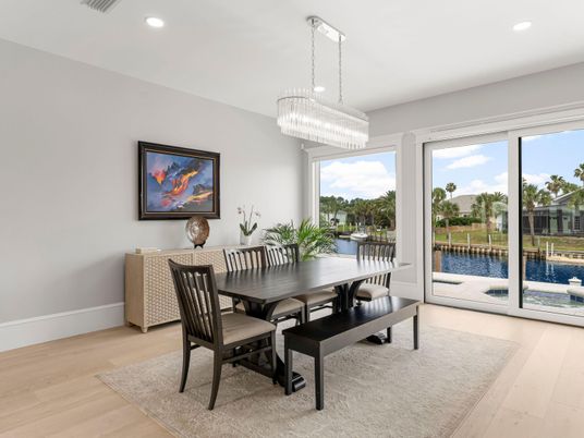 Chandelier, Dining room, Interior, Recessed Lighting, Wood Texture Flooring