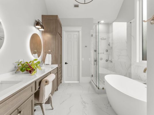 Bathroom, Free Standing Baths, Glass Shower, Interior, Marble, Marble Walls, Recessed Lighting