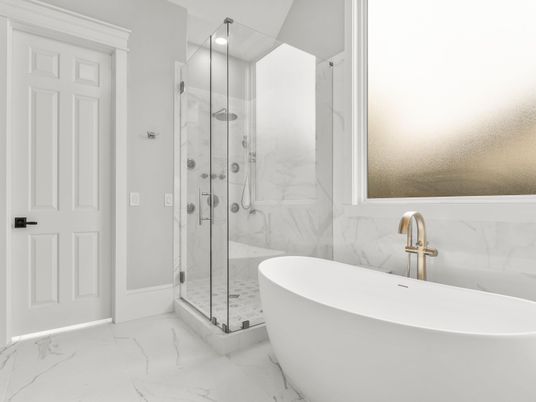 Bathroom, Free Standing Baths, Glass Shower, Interior, Marble, Marble Walls