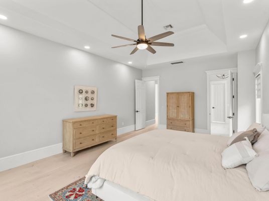 Bedroom, Interior, Recessed Lighting, Wood Texture Flooring
