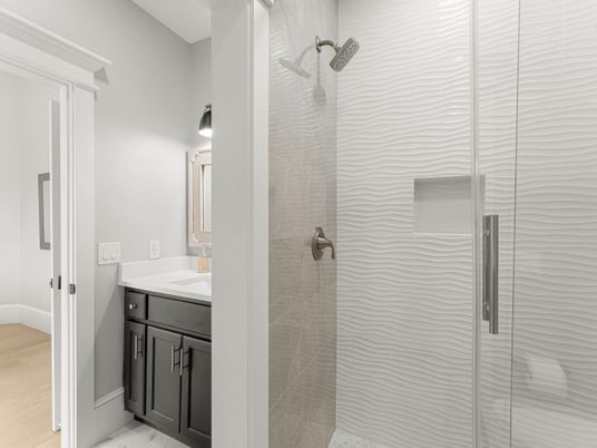 Bathroom, Glass Shower, Interior, Wood Texture Flooring