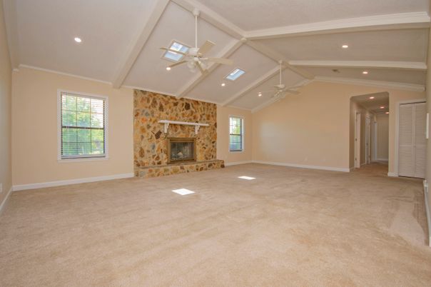 Empty room, Fireplace, Interior, Recessed Lighting, Stone Walls