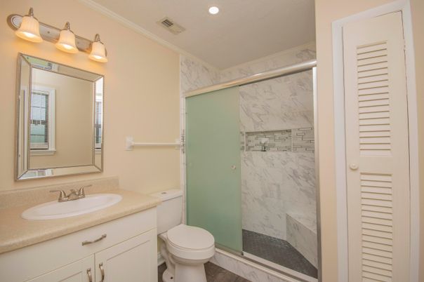 Bathroom, Glass Shower, Interior, Marble Walls, Recessed Lighting