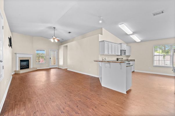 Empty room, Fireplace, Interior, Kitchen, Wood Texture Flooring