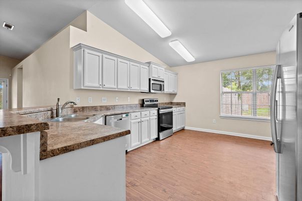 Interior, Kitchen, Stainless Steel Appliances, Wood Texture Flooring