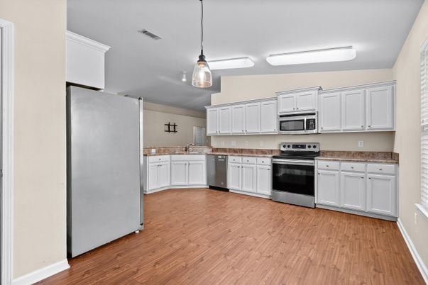 Interior, Kitchen, Pendant Lights, Stainless Steel Appliances, Wood Texture Flooring