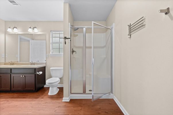 Bathroom, Glass Shower, Interior, Wood Texture Flooring