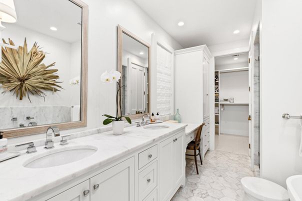 Bathroom, Dual Sink Vanities, Interior, Marble, Recessed Lighting