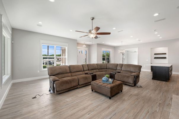 Chandelier, Interior, Living room, Recessed Lighting, Wood Texture Flooring
