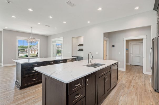 Chandelier, Interior, Kitchen, Recessed Lighting, Stainless Steel Appliances, Wood Texture Flooring