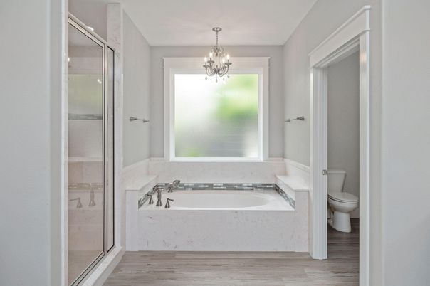 Bathroom, Chandelier, Glass Shower, Interior, Wood Texture Flooring