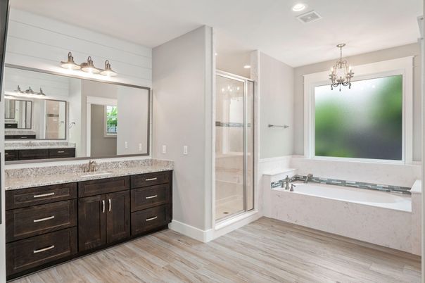 Bathroom, Chandelier, Glass Shower, Interior, Recessed Lighting, Wood Texture Flooring