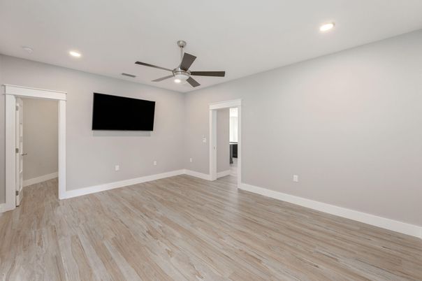 Empty room, Interior, Recessed Lighting, Wood Texture Flooring