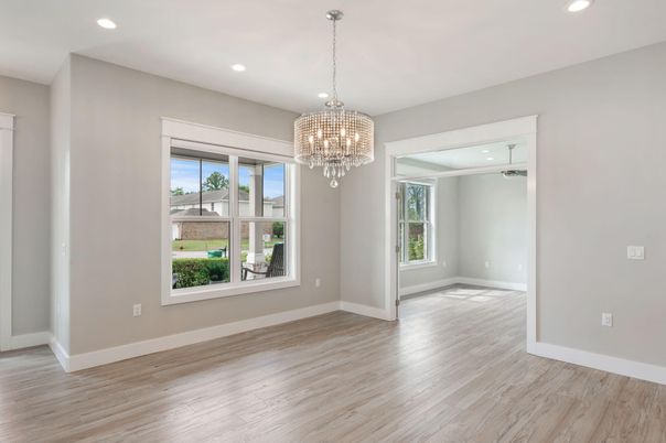 Chandelier, Empty room, Interior, Recessed Lighting, Wood Texture Flooring
