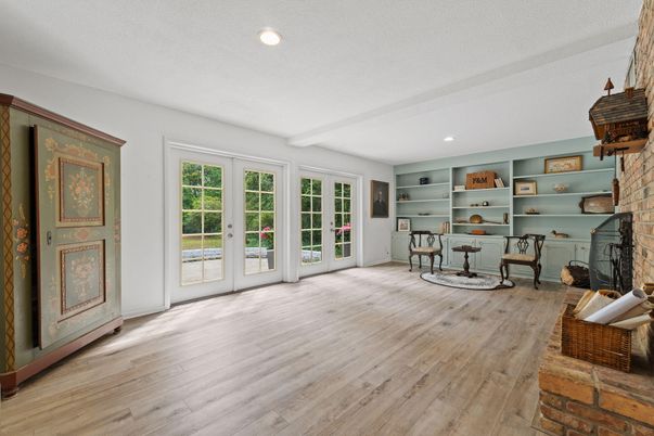 Fireplace, Interior, Recessed Lighting, Wood Texture Flooring
