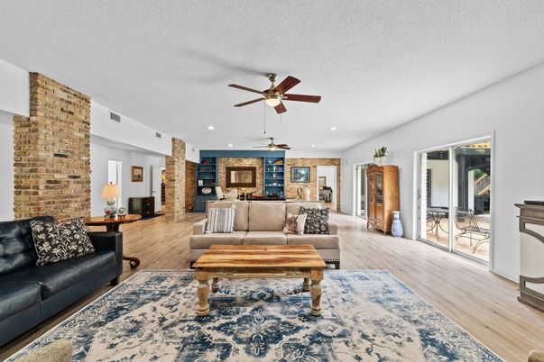 Interior, Living room, Recessed Lighting, Stone Walls, Wood Texture Flooring