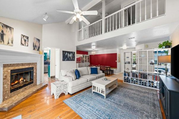 Dining room, Fireplace, Interior, Living room, Wood Texture Flooring