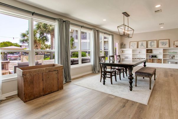 Dining room, Interior, Pendant Lights, Recessed Lighting, Wood Texture Flooring