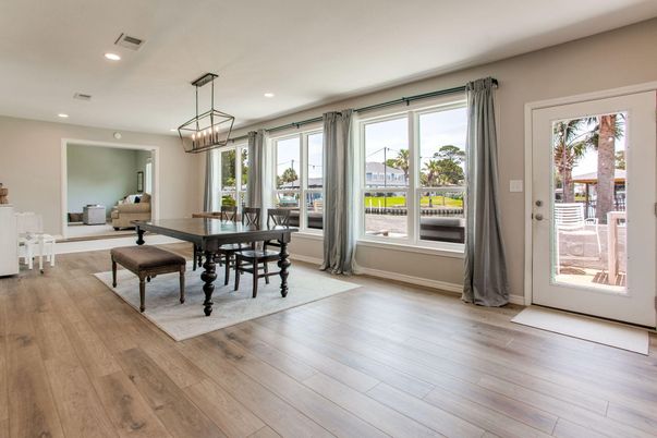 Dining room, Interior, Pendant Lights, Recessed Lighting, Wood Texture Flooring