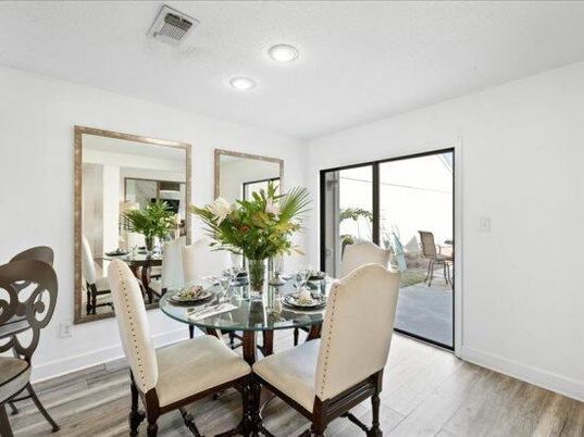 Dining room, Interior, Recessed Lighting, Wood Texture Flooring