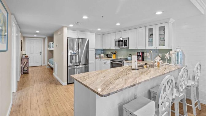 Interior, Kitchen, Recessed Lighting, Stainless Steel Appliances, Wood Texture Flooring