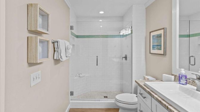 Bathroom, Glass Shower, Interior, Recessed Lighting, Wood Texture Flooring