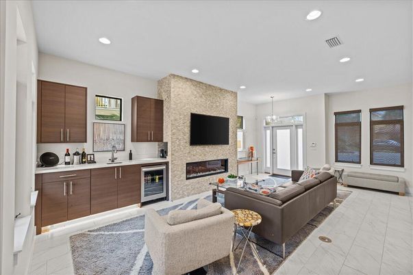 Chandelier, Fireplace, Interior, Kitchen, Living room, Marble, Recessed Lighting