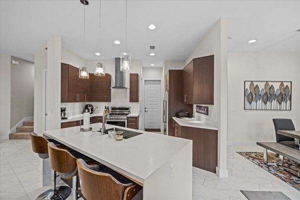 Interior, Kitchen, Marble, Pendant Lights, Recessed Lighting, Stainless Steel Appliances