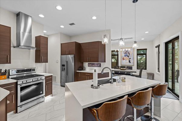 Interior, Kitchen, Marble, Pendant Lights, Recessed Lighting, Stainless Steel Appliances