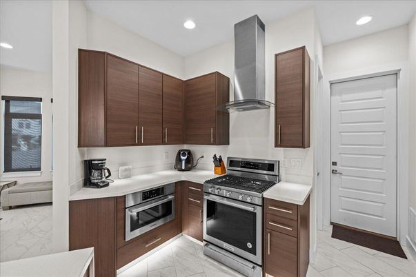 Interior, Kitchen, Marble, Recessed Lighting, Stainless Steel Appliances