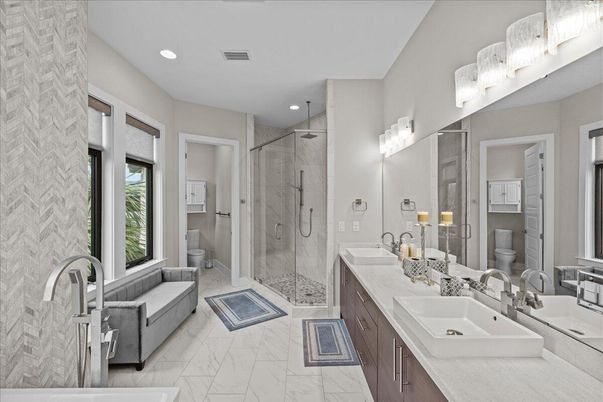 Bathroom, Dual Sink Vanities, Glass Shower, Interior, Marble, Recessed Lighting