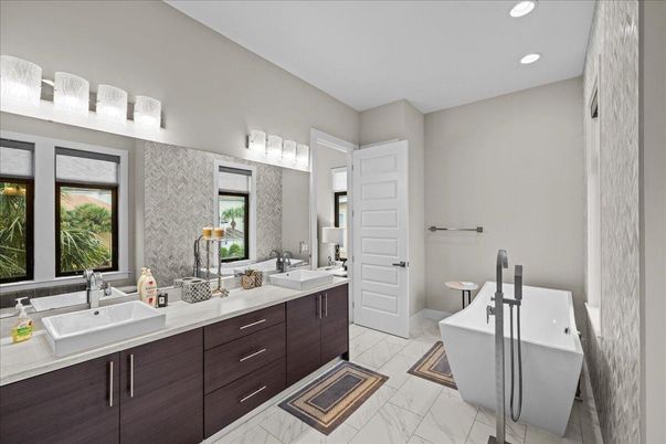 Bathroom, Dual Sink Vanities, Free Standing Baths, Interior, Marble, Recessed Lighting