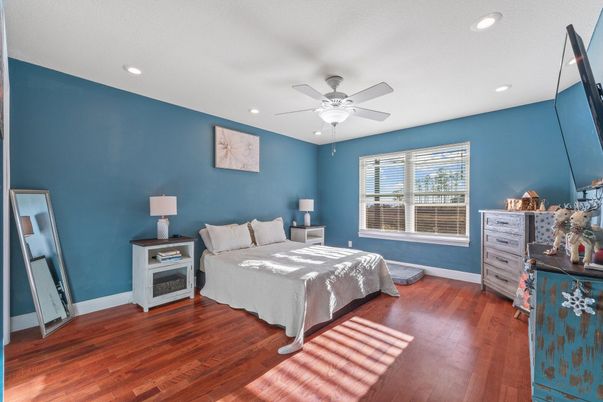 Bedroom, Interior, Recessed Lighting, Wood Texture Flooring