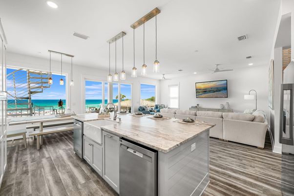 Interior, Kitchen, Living room, Pendant Lights, Recessed Lighting, Stainless Steel Appliances, Water, Wood Texture Flooring
