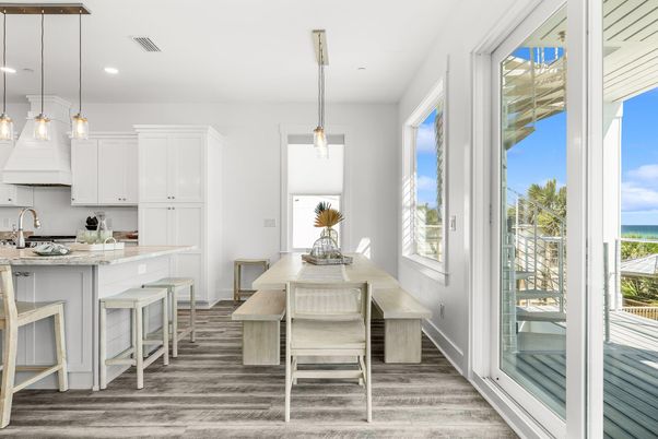 Dining room, Interior, Kitchen, Pendant Lights, Recessed Lighting, Water, Wood Texture Flooring