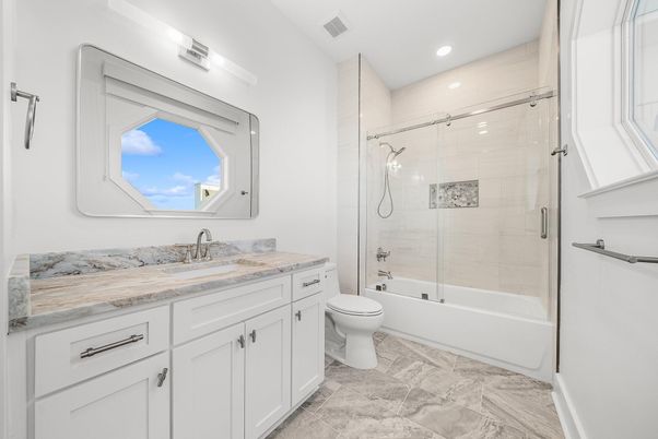 Bathroom, Dual Sink Vanities, Glass Shower, Interior, Recessed Lighting