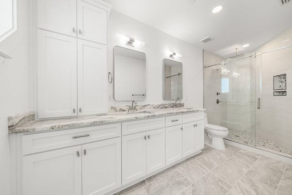 Bathroom, Dual Sink Vanities, Glass Shower, Interior, Recessed Lighting