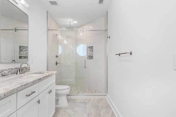 Bathroom, Glass Shower, Interior, Marble, Recessed Lighting