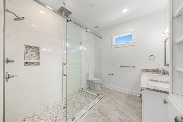 Bathroom, Glass Shower, Interior, Recessed Lighting, Wood Texture Flooring