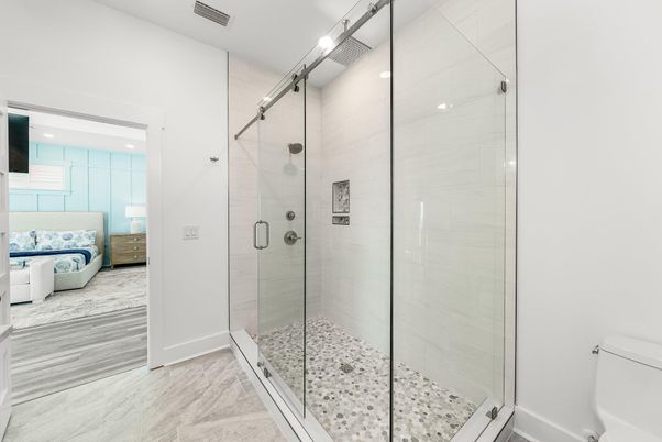 Bathroom, Bedroom, Glass Shower, Interior, Recessed Lighting, Wood Texture Flooring