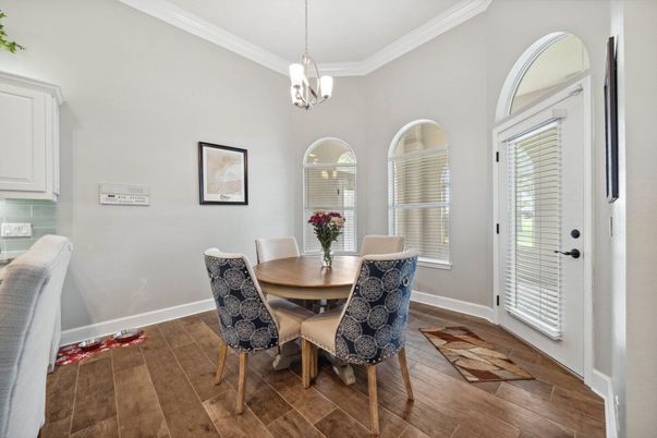 Dining room, Interior, Pendant Lights, Wood Texture Flooring