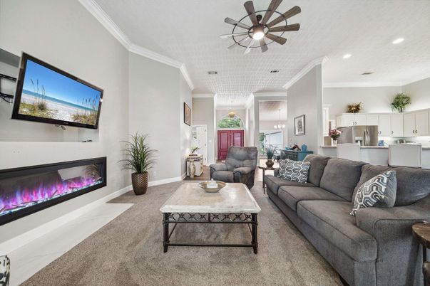 Dining room, Fireplace, Interior, Kitchen, Living room, Recessed Lighting