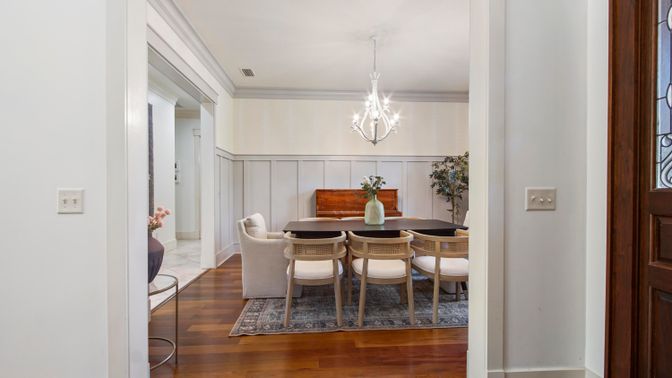 Chandelier, Dining room, Interior, Wood Texture Flooring