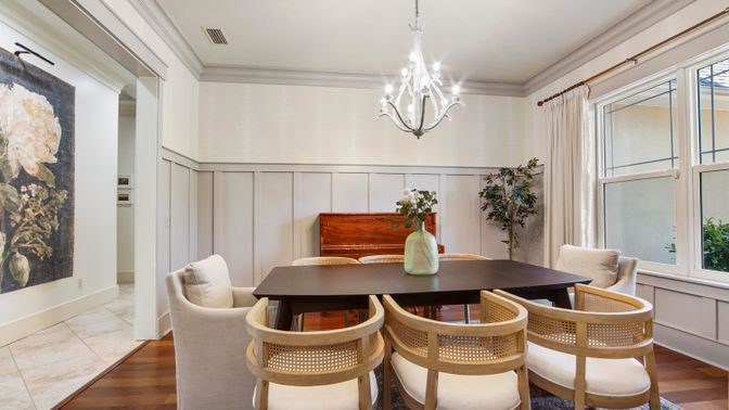 Chandelier, Dining room, Interior, Wood Texture Flooring