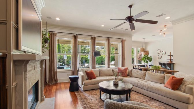 Dining room, Fireplace, Interior, Living room, Pendant Lights, Recessed Lighting, Wood Texture Flooring